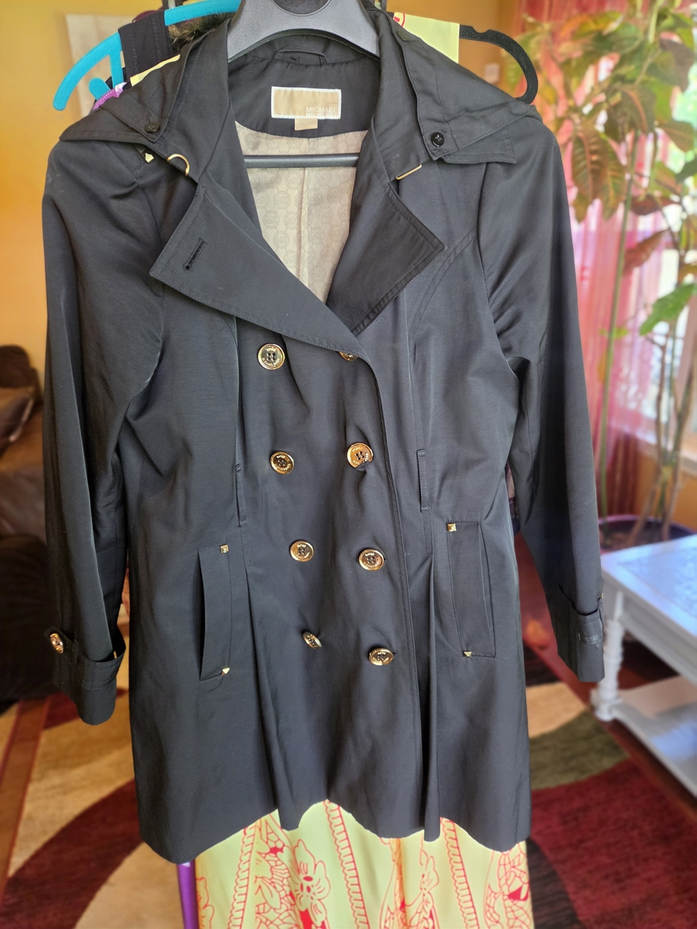 Michael Kors Black Double-Breasted Trench with Gold Buttons Size LARGE